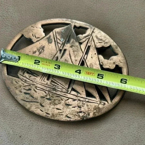 Vintage Copper Finish Cast Iron Sail Boat Trivet / ODI 1990 Taiwan Ocean Clouds - Picture 6 of 6